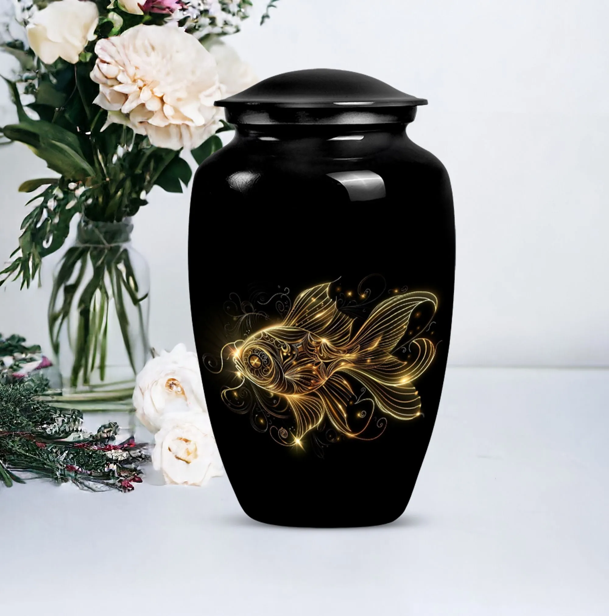 Adorned Gold Fish Cremation Urn - Peaceful Sanctuary for Your