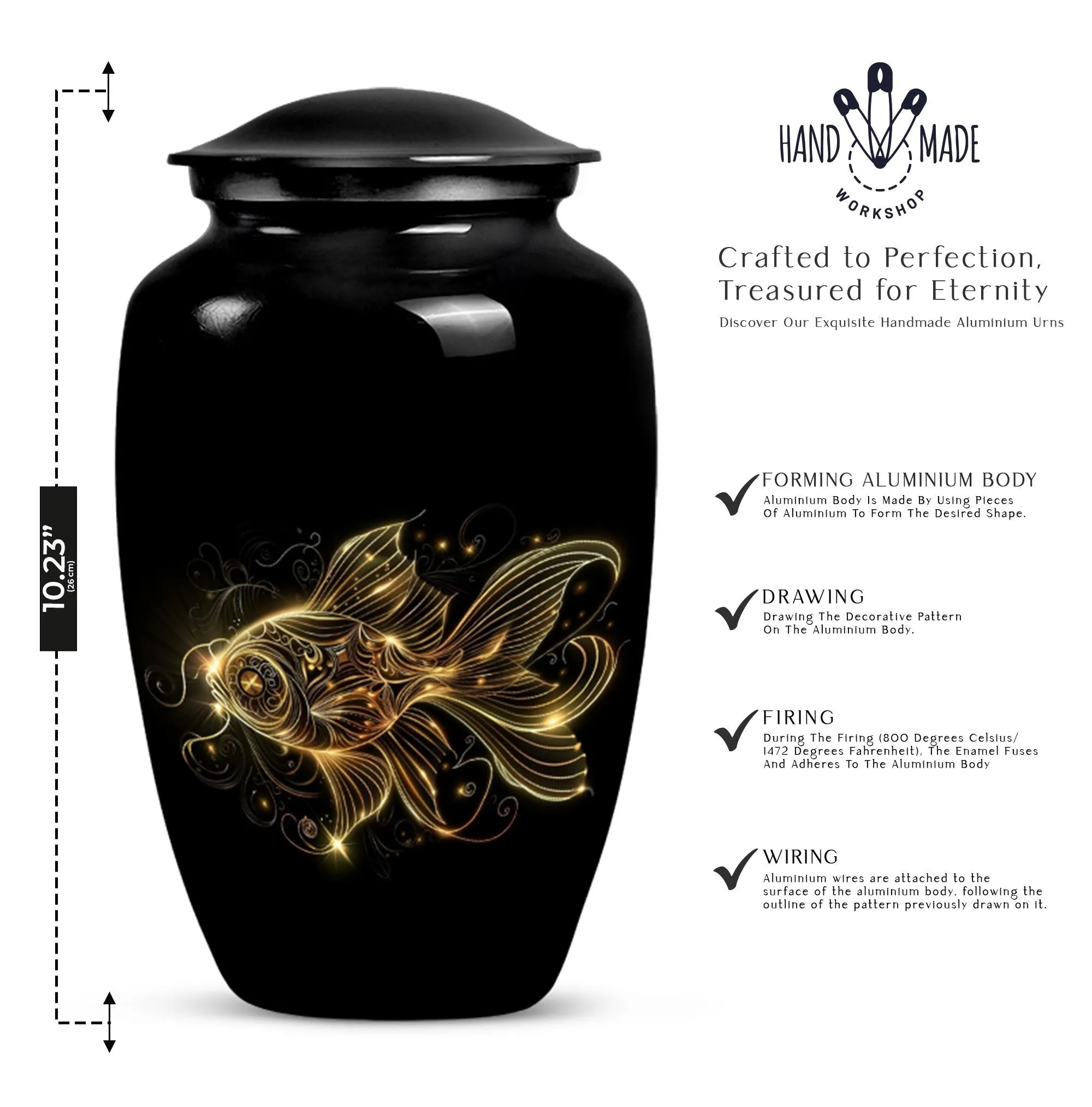 Adorned Gold Fish Cremation Urn - Peaceful Sanctuary for Your