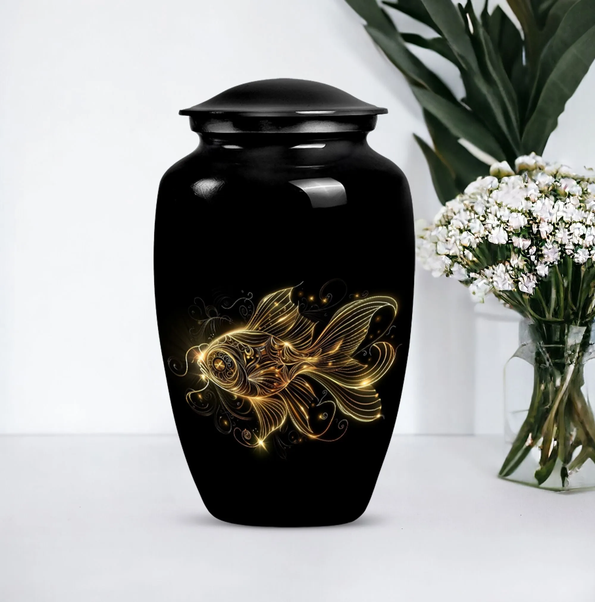 Adorned Gold Fish Cremation Urn - Peaceful Sanctuary for Your