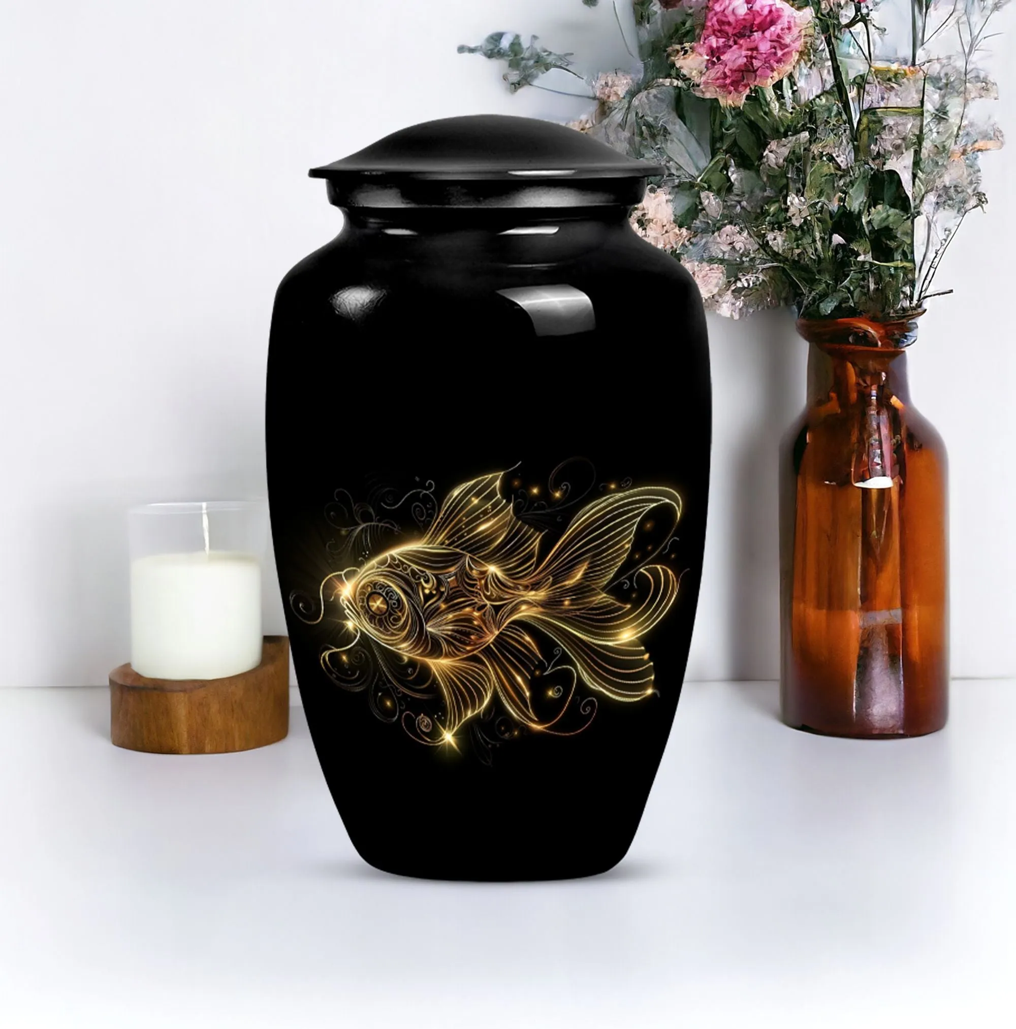 Adorned Gold Fish Cremation Urn - Peaceful Sanctuary for Your