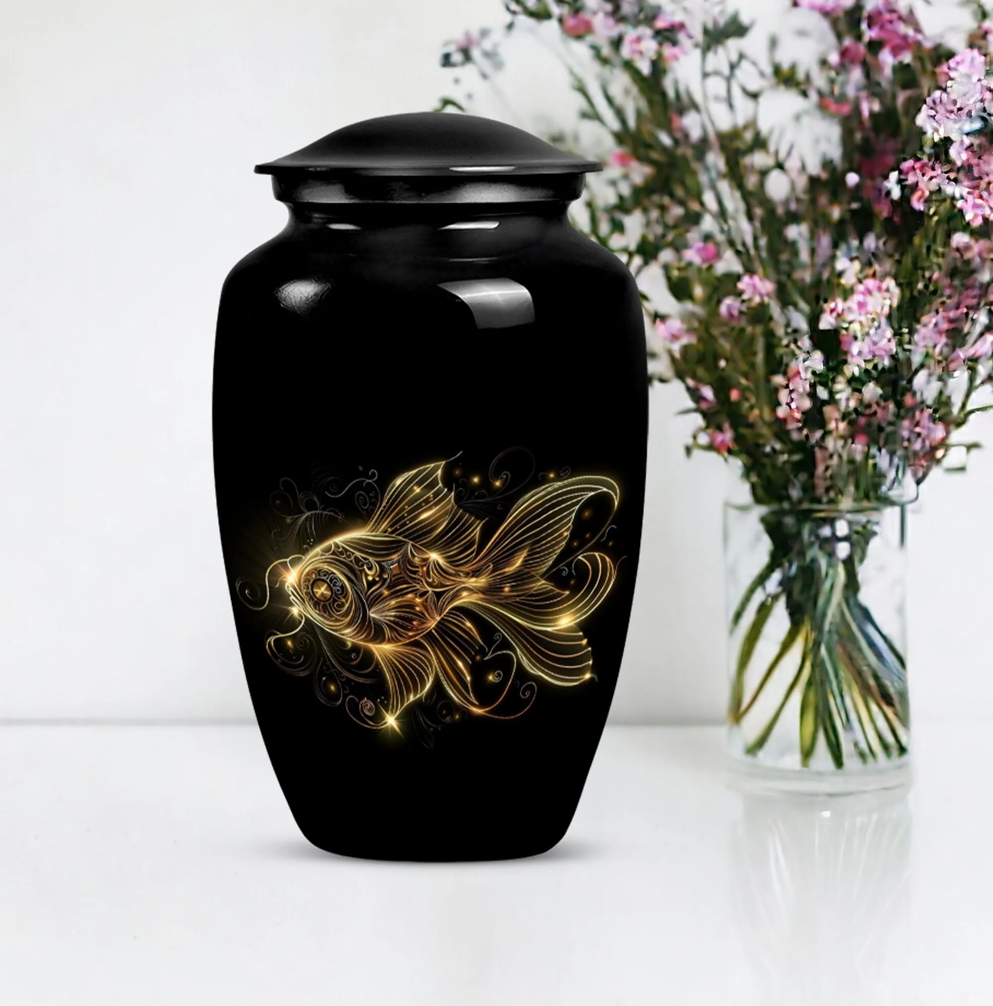 Adorned Gold Fish Cremation Urn - Peaceful Sanctuary for Your