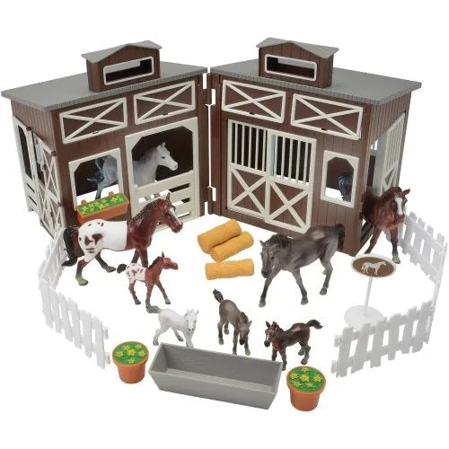 Deluxe Horse Stable Play Set | 4 Horses, 4 Ponies, White Corral & Accessories