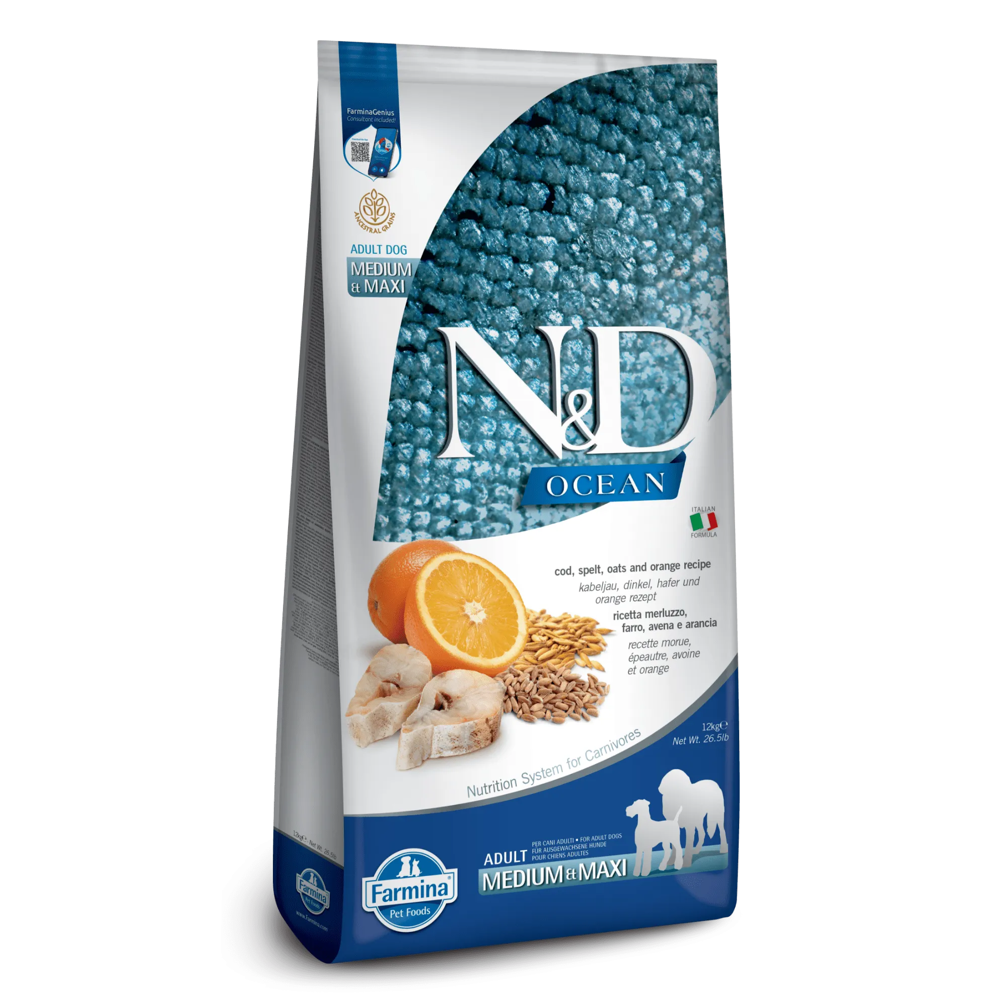 Farmina N&D Ocean Ancestral Grain Cod, Spelt, Oats & Orange Medium & Maxi Adult Dry Dog Food