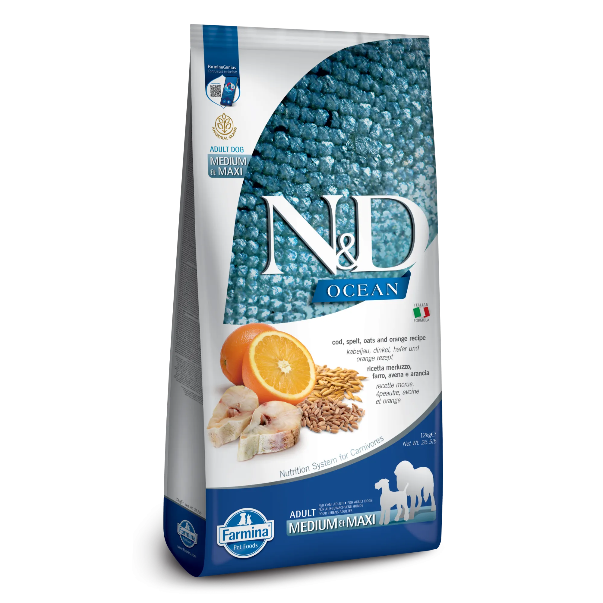 Farmina N&D Ocean Ancestral Grain Cod, Spelt, Oats & Orange Medium & Maxi Adult Dry Dog Food