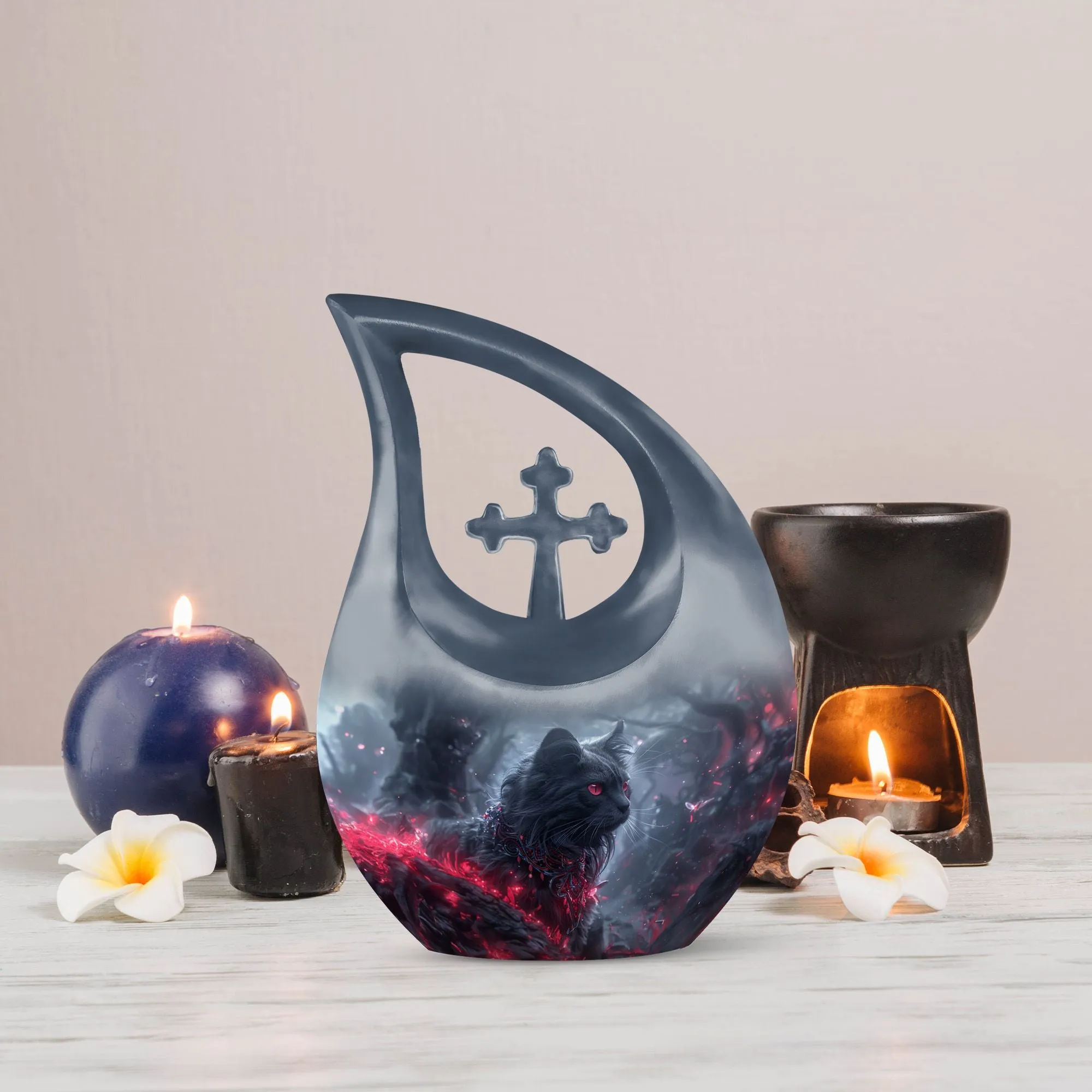 Infernal Feline Gaze Memorial Companion Urn: A Tribute to Shared Lives