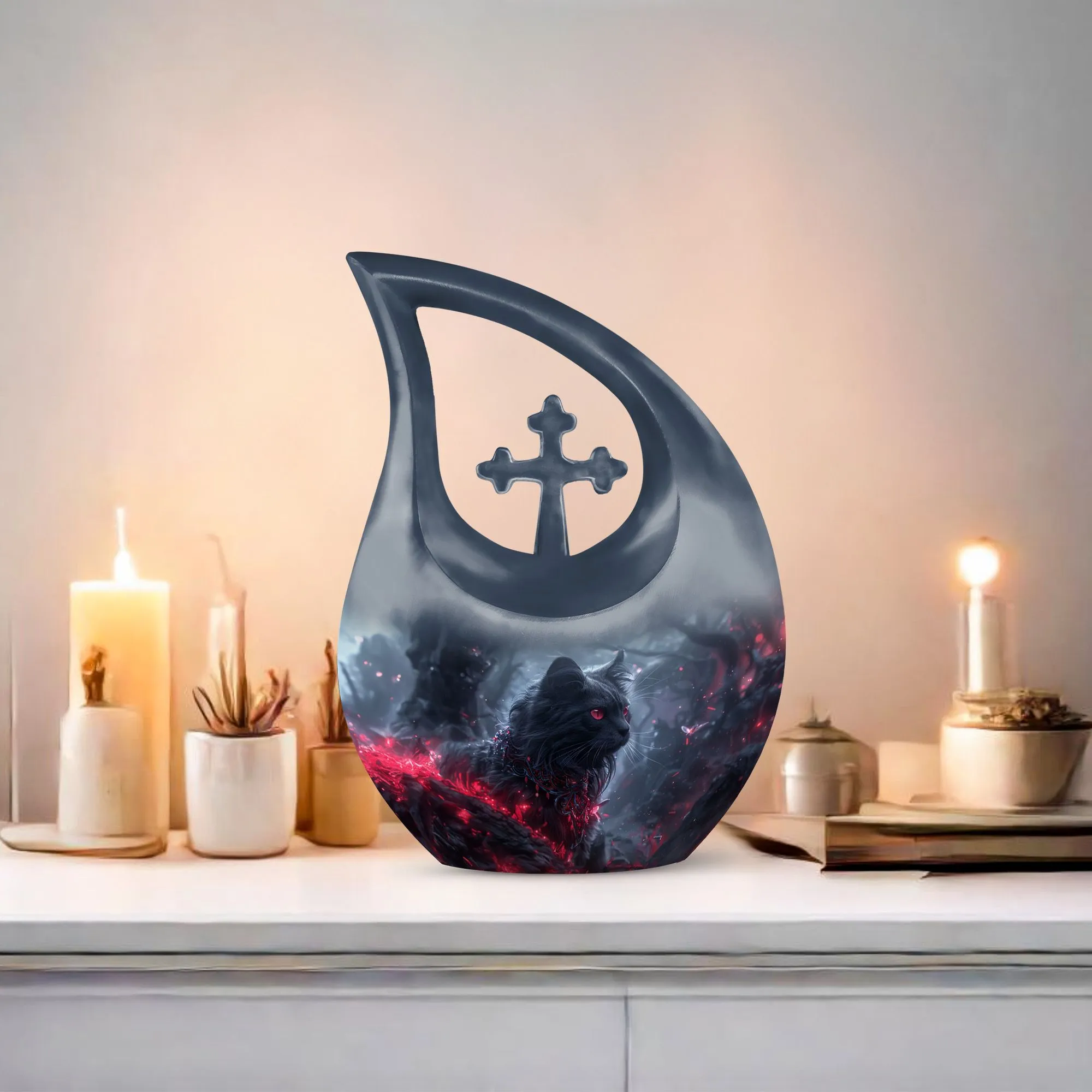 Infernal Feline Gaze Memorial Companion Urn: A Tribute to Shared Lives