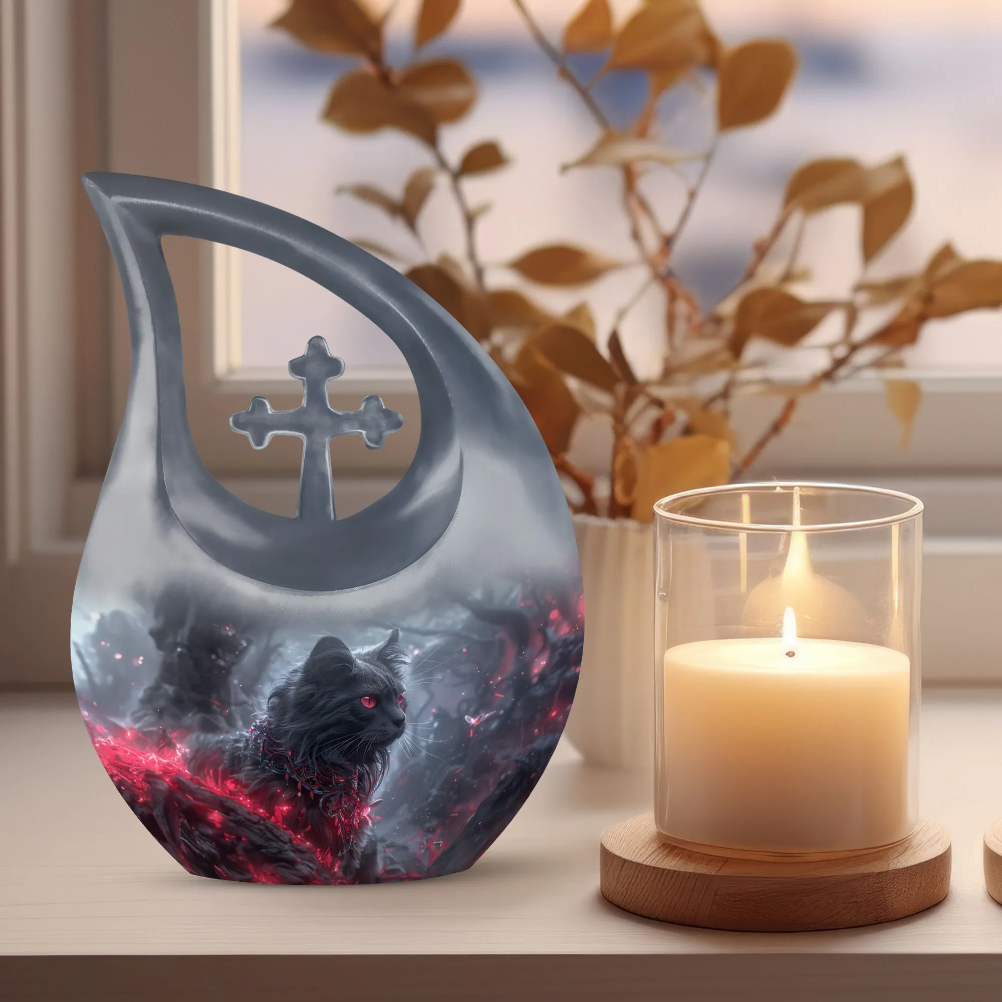 Infernal Feline Gaze Memorial Companion Urn: A Tribute to Shared Lives