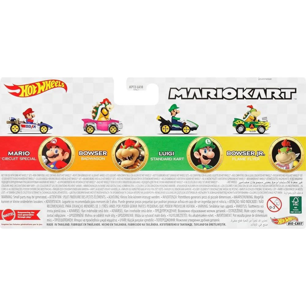Mattel JCP72 Hot Wheels Mario Kart Toy Vehicle 4-Pack, Collectible Set of 4 Fan-Favorite Characters Includes 1
