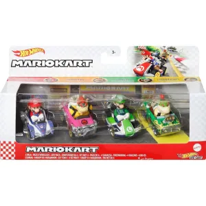 Mattel JCP72 Hot Wheels Mario Kart Toy Vehicle 4-Pack, Collectible Set of 4 Fan-Favorite Characters Includes 1