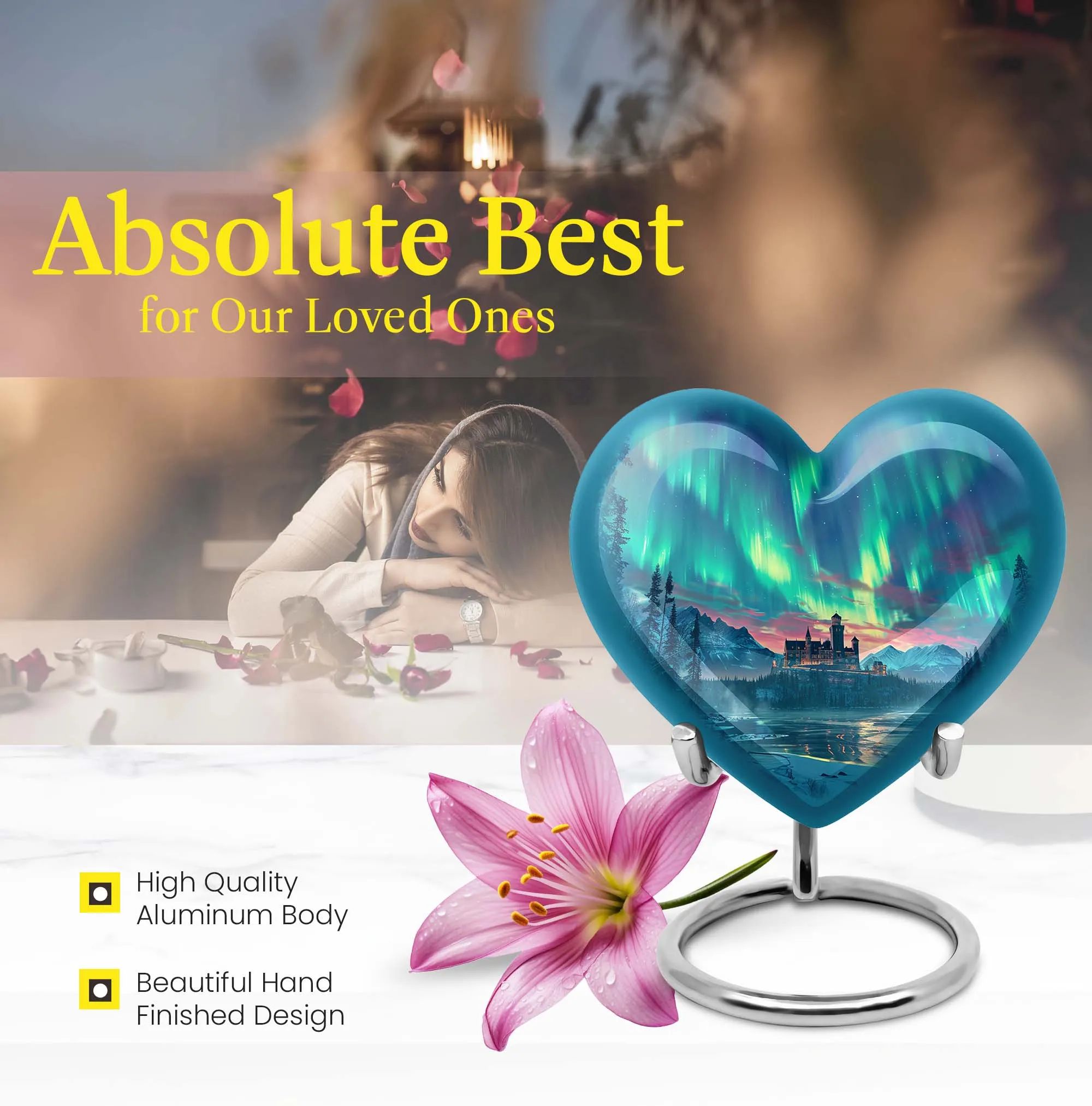 Northern Lights Heart Urn - Large Memorial Ash Holder