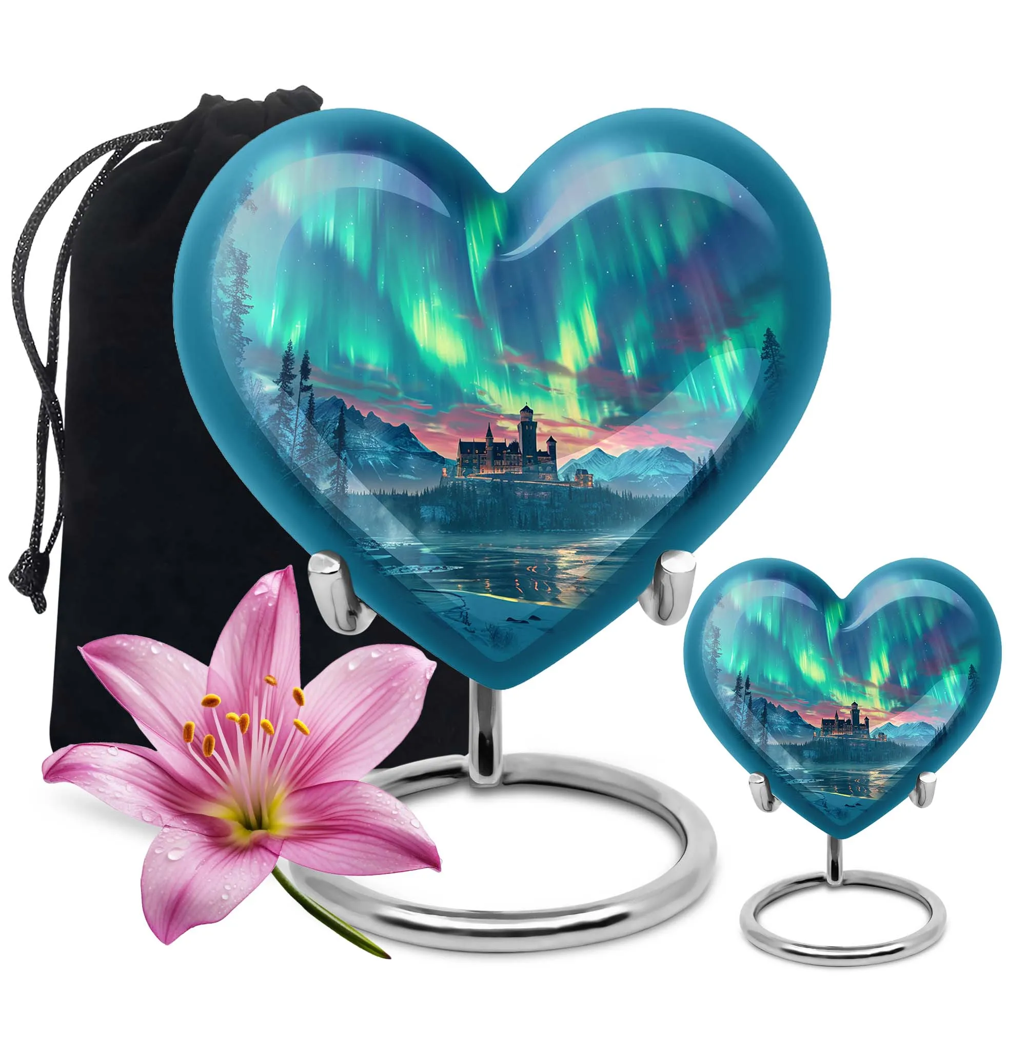 Northern Lights Heart Urn - Large Memorial Ash Holder