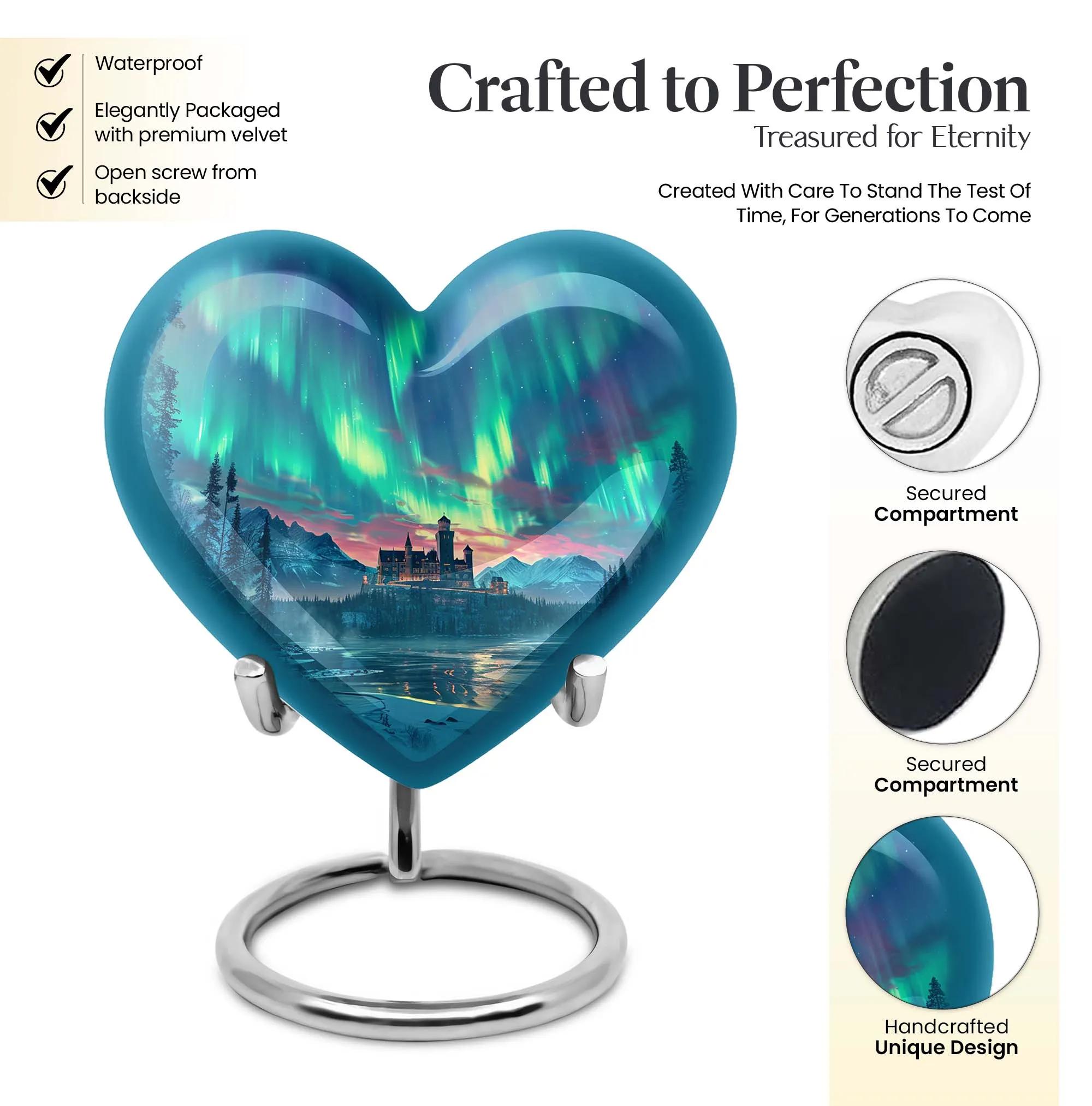 Northern Lights Heart Urn - Large Memorial Ash Holder