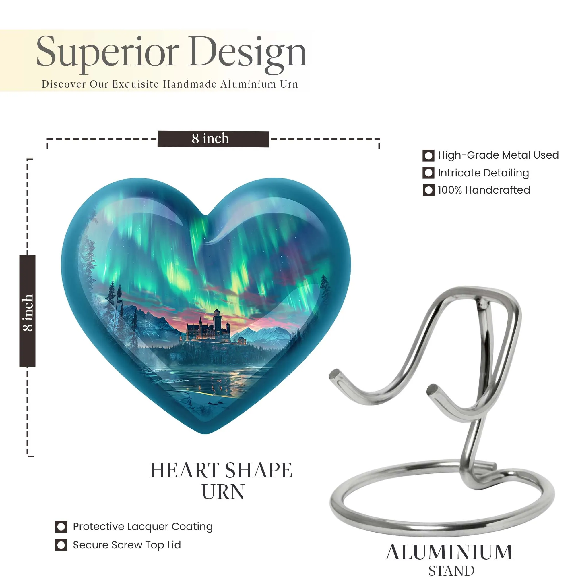 Northern Lights Heart Urn - Large Memorial Ash Holder