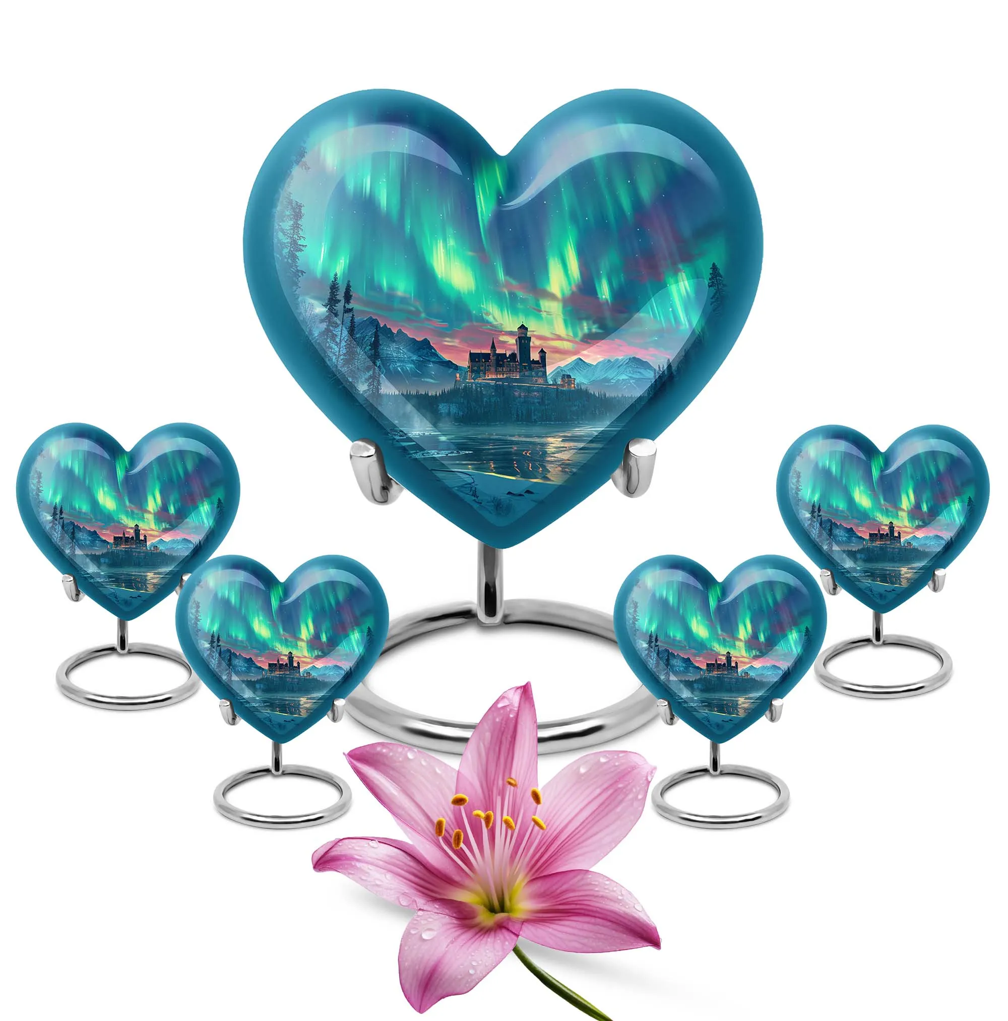 Northern Lights Heart Urn - Large Memorial Ash Holder
