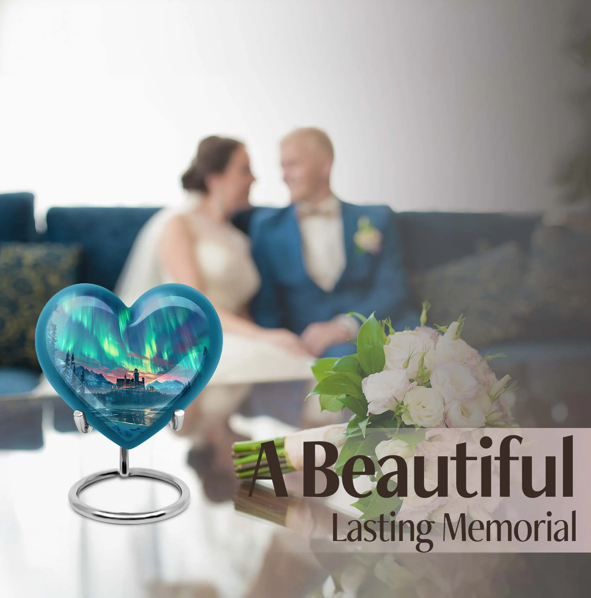 Northern Lights Heart Urn - Large Memorial Ash Holder