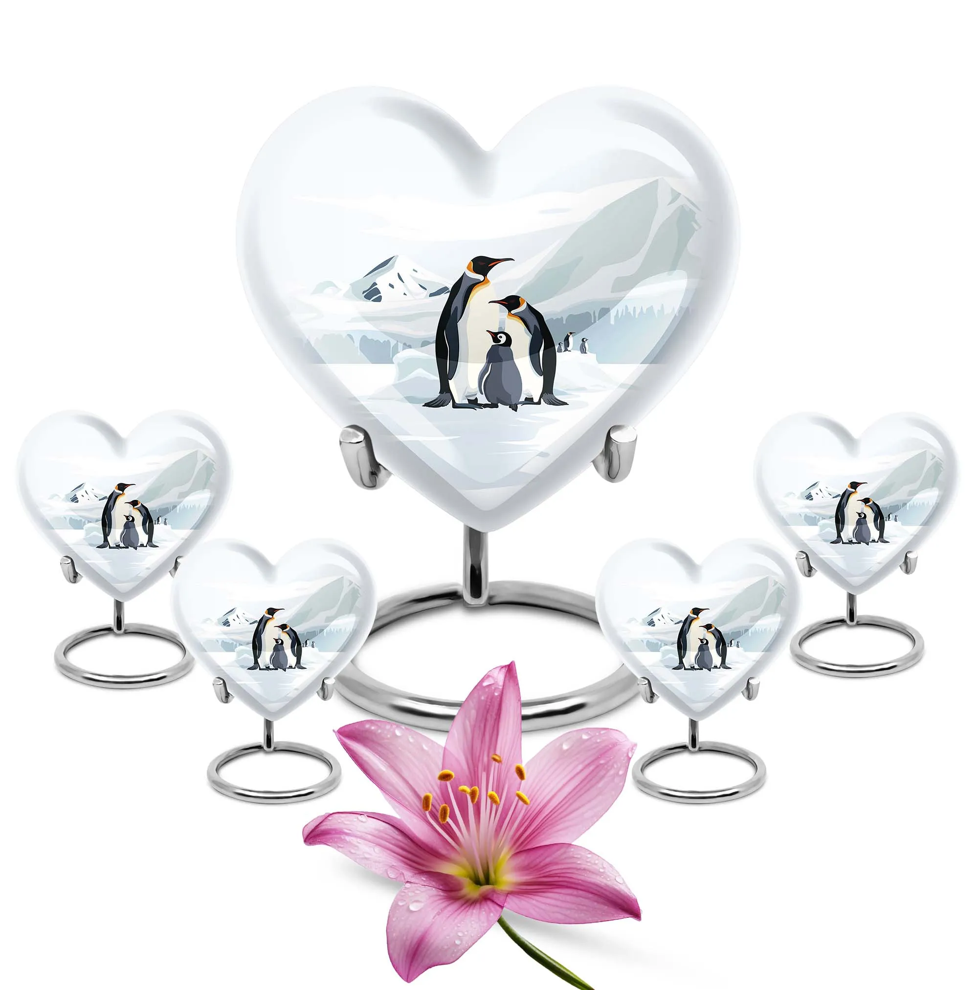 Penguins in Snow Unique Heart Shape Urn For Adult Human Ashes