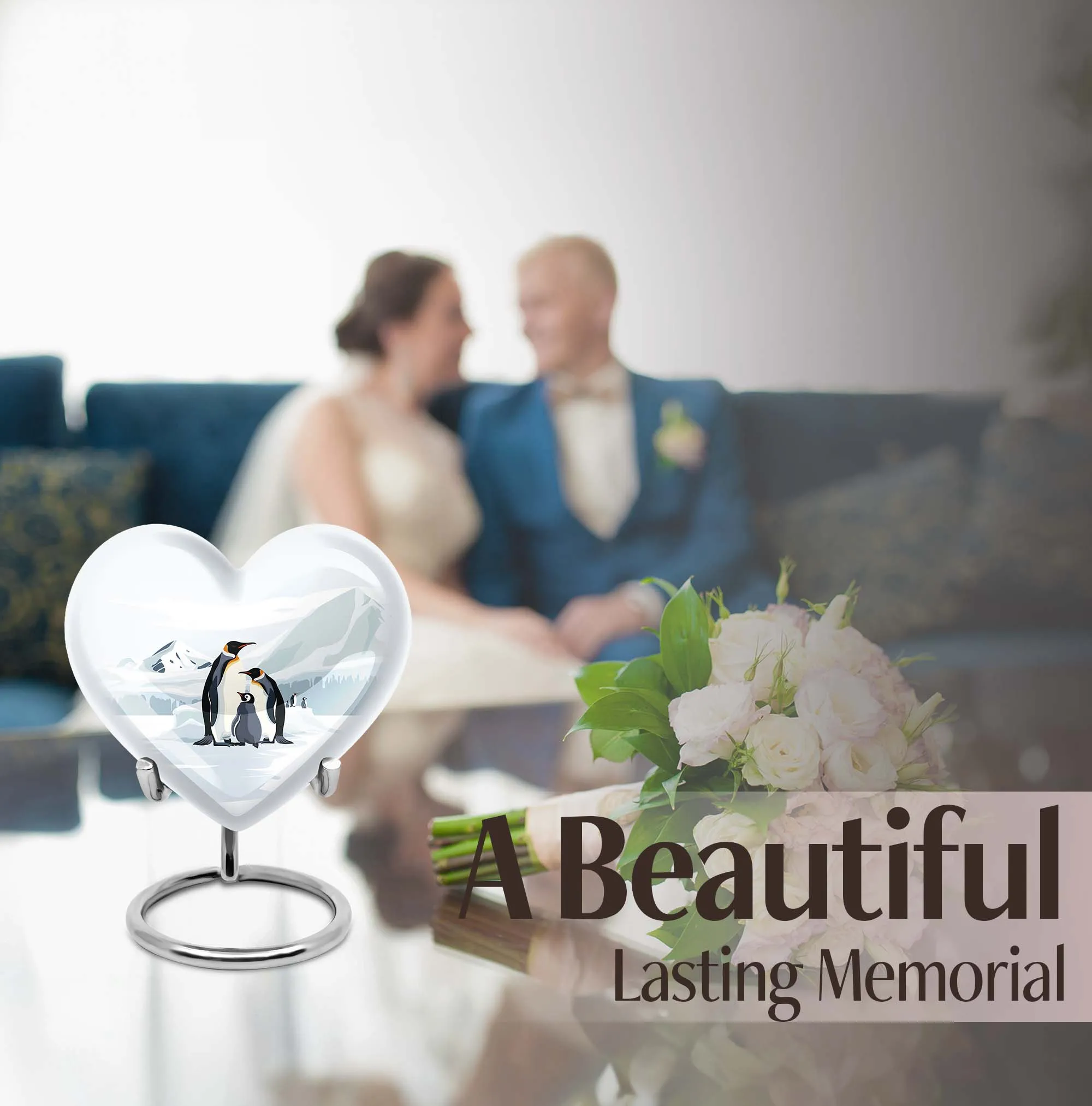 Penguins in Snow Unique Heart Shape Urn For Adult Human Ashes