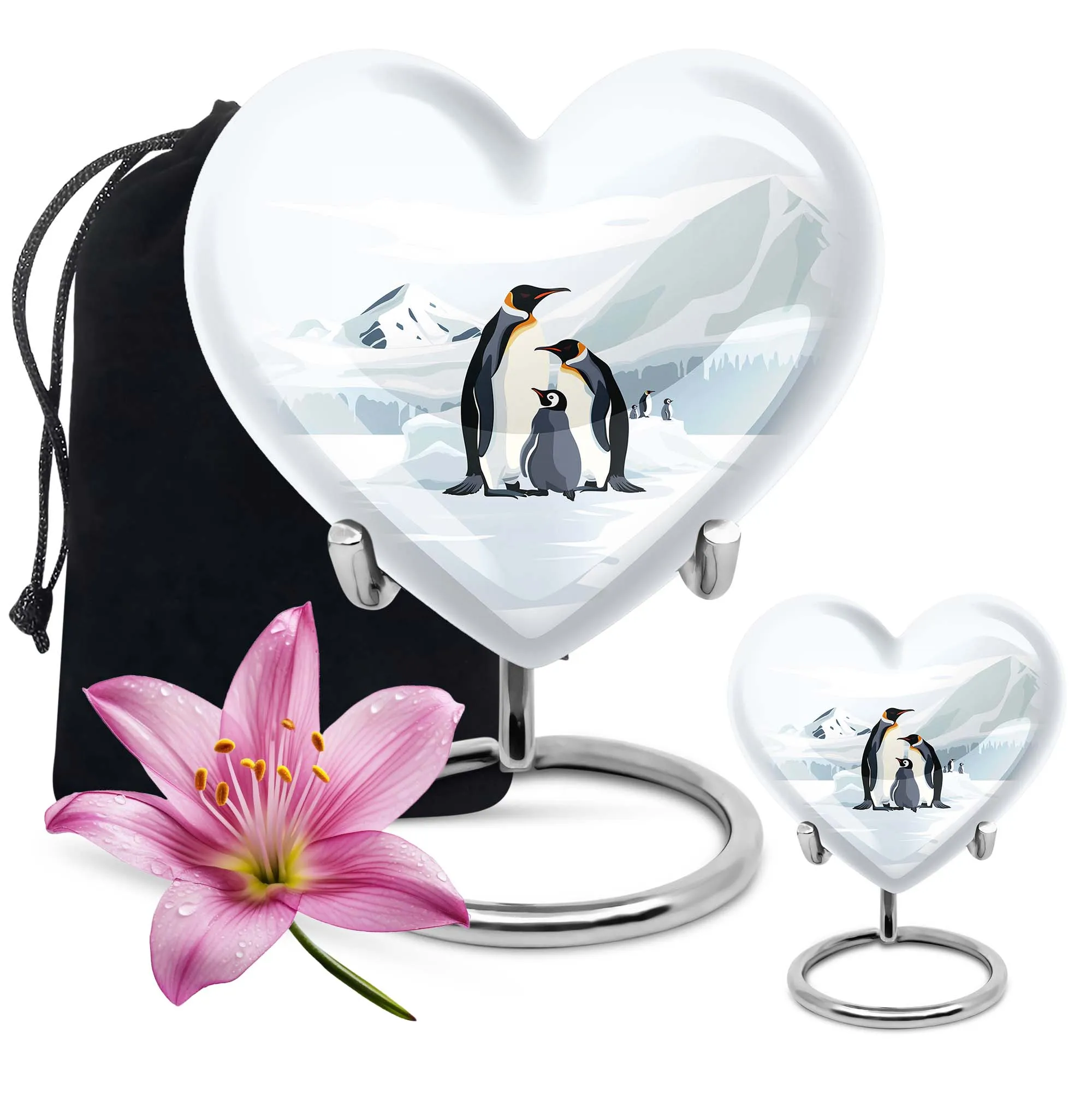 Penguins in Snow Unique Heart Shape Urn For Adult Human Ashes