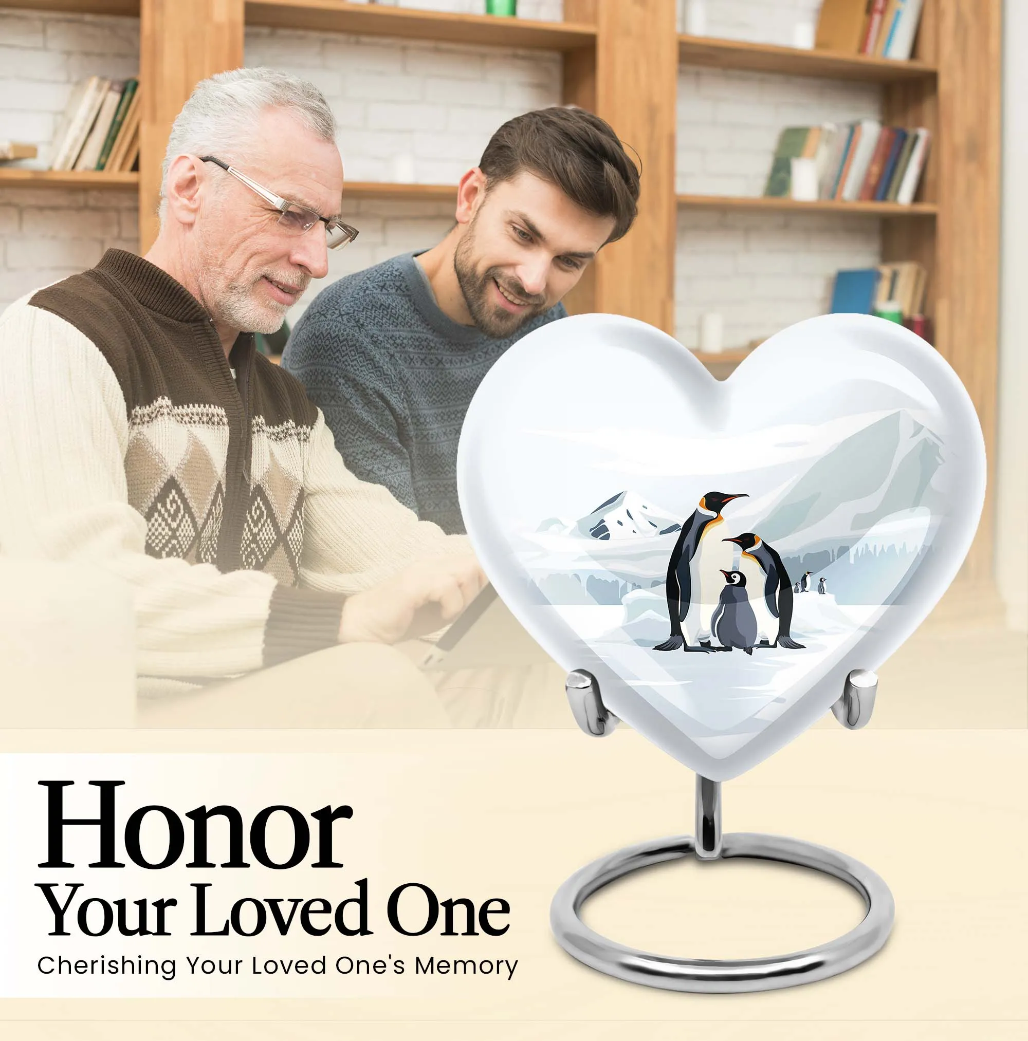 Penguins in Snow Unique Heart Shape Urn For Adult Human Ashes