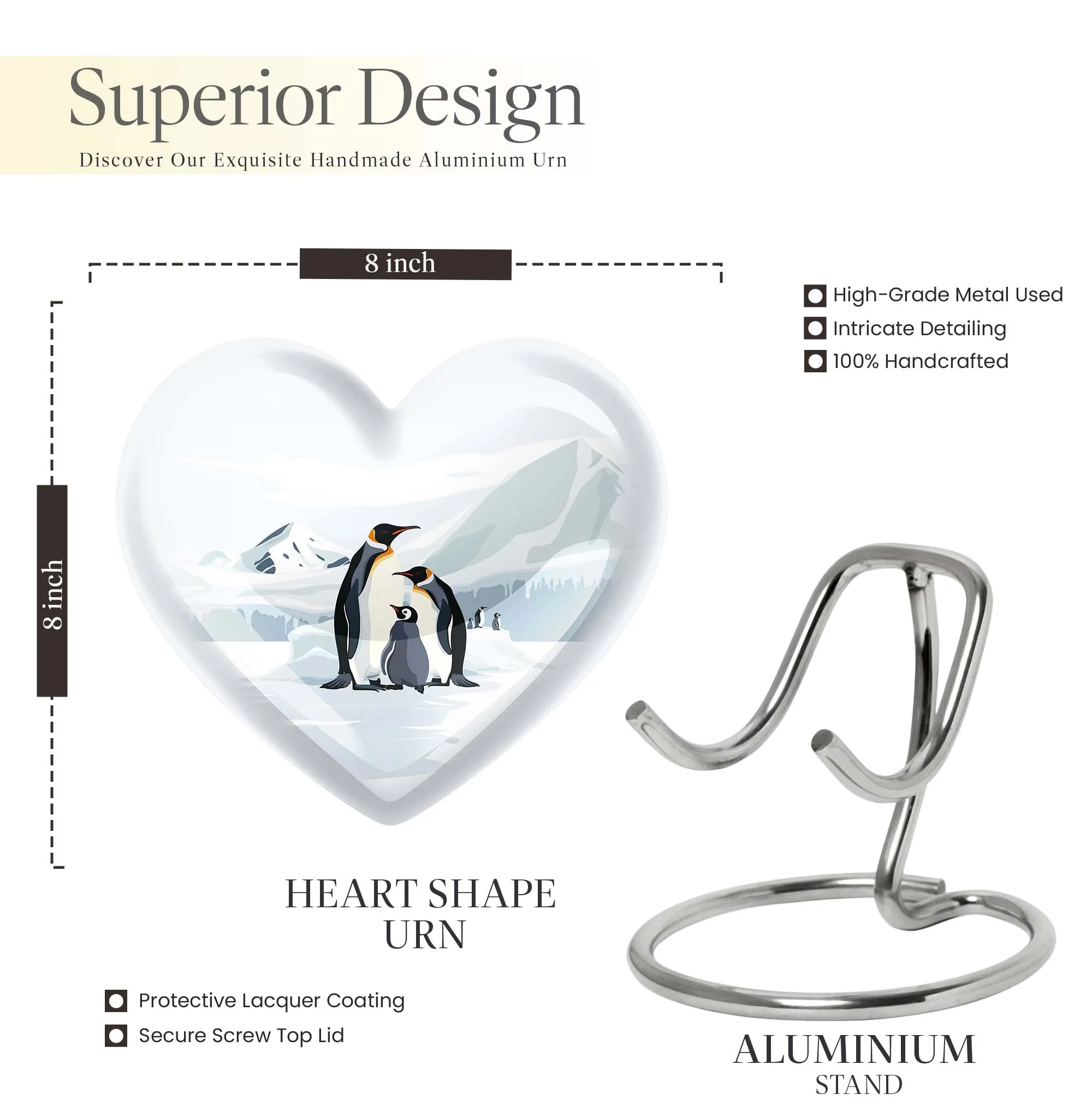 Penguins in Snow Unique Heart Shape Urn For Adult Human Ashes