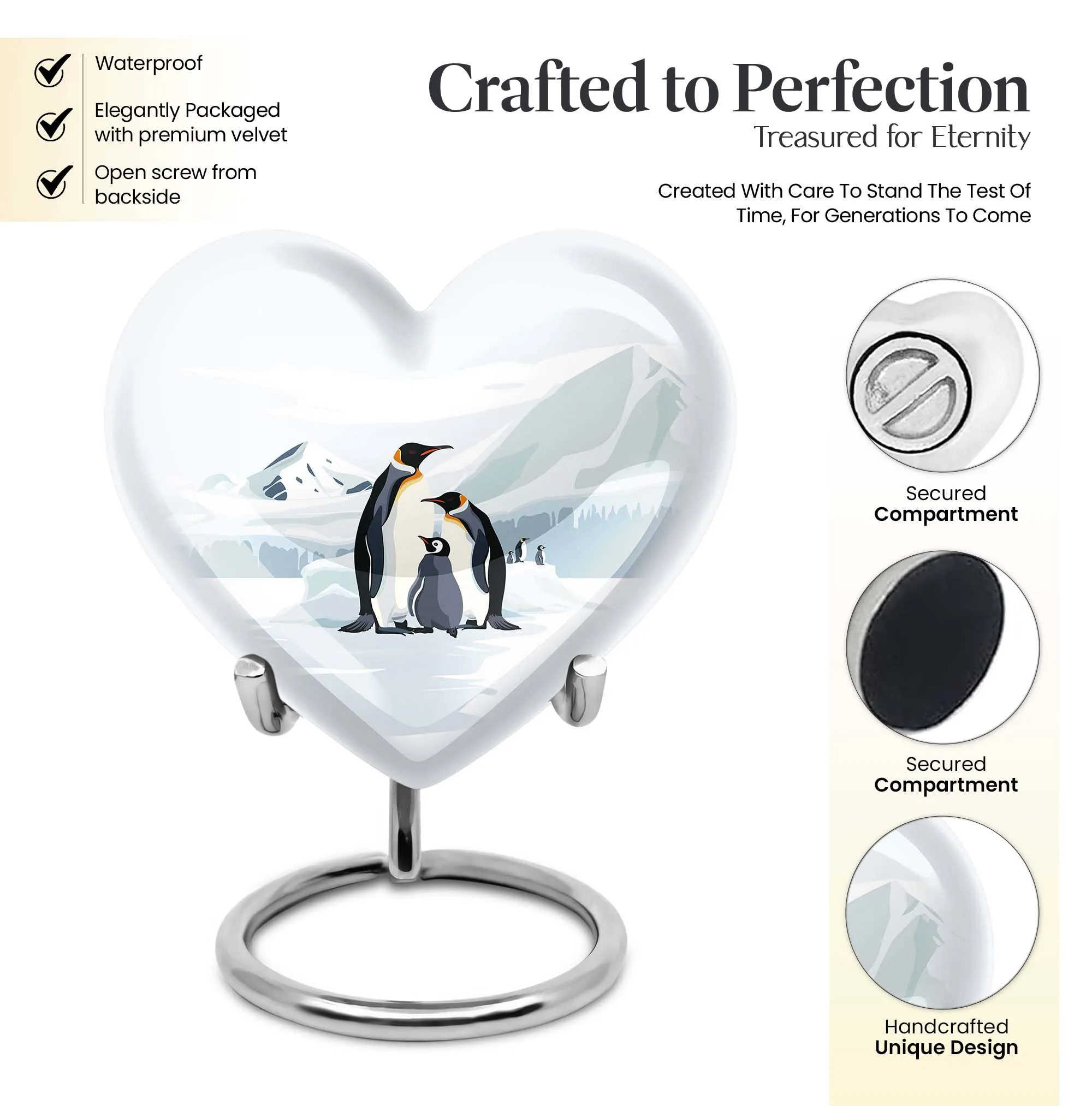 Penguins in Snow Unique Heart Shape Urn For Adult Human Ashes