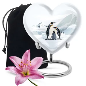 Penguins in Snow Unique Heart Shape Urn For Adult Human Ashes