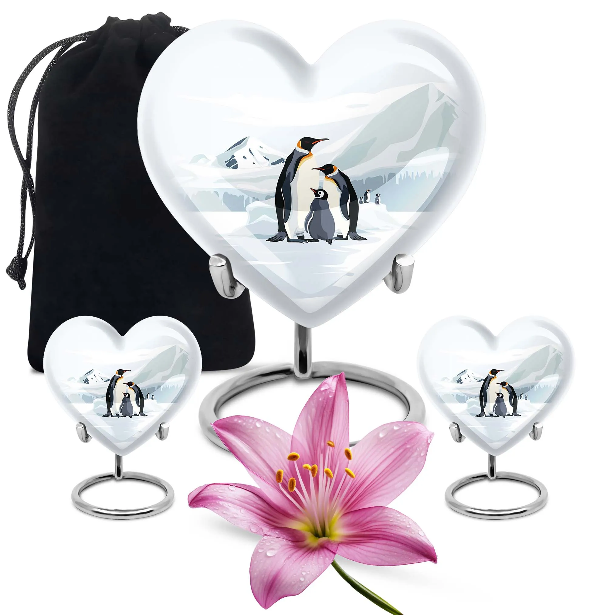 Penguins in Snow Unique Heart Shape Urn For Adult Human Ashes