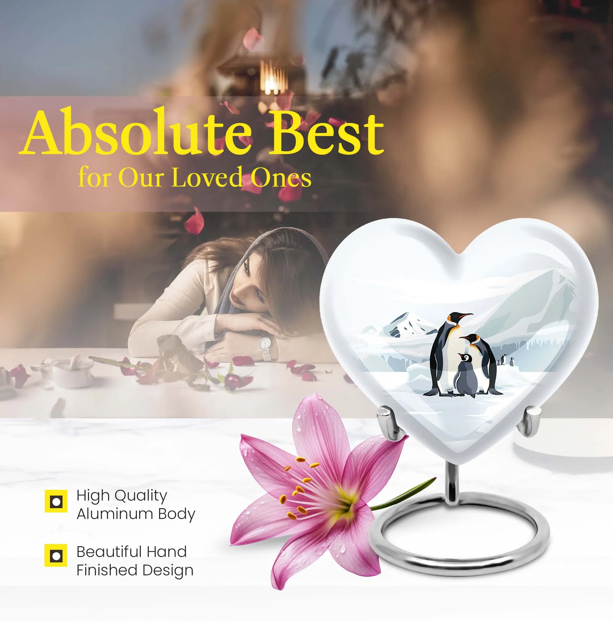 Penguins in Snow Unique Heart Shape Urn For Adult Human Ashes