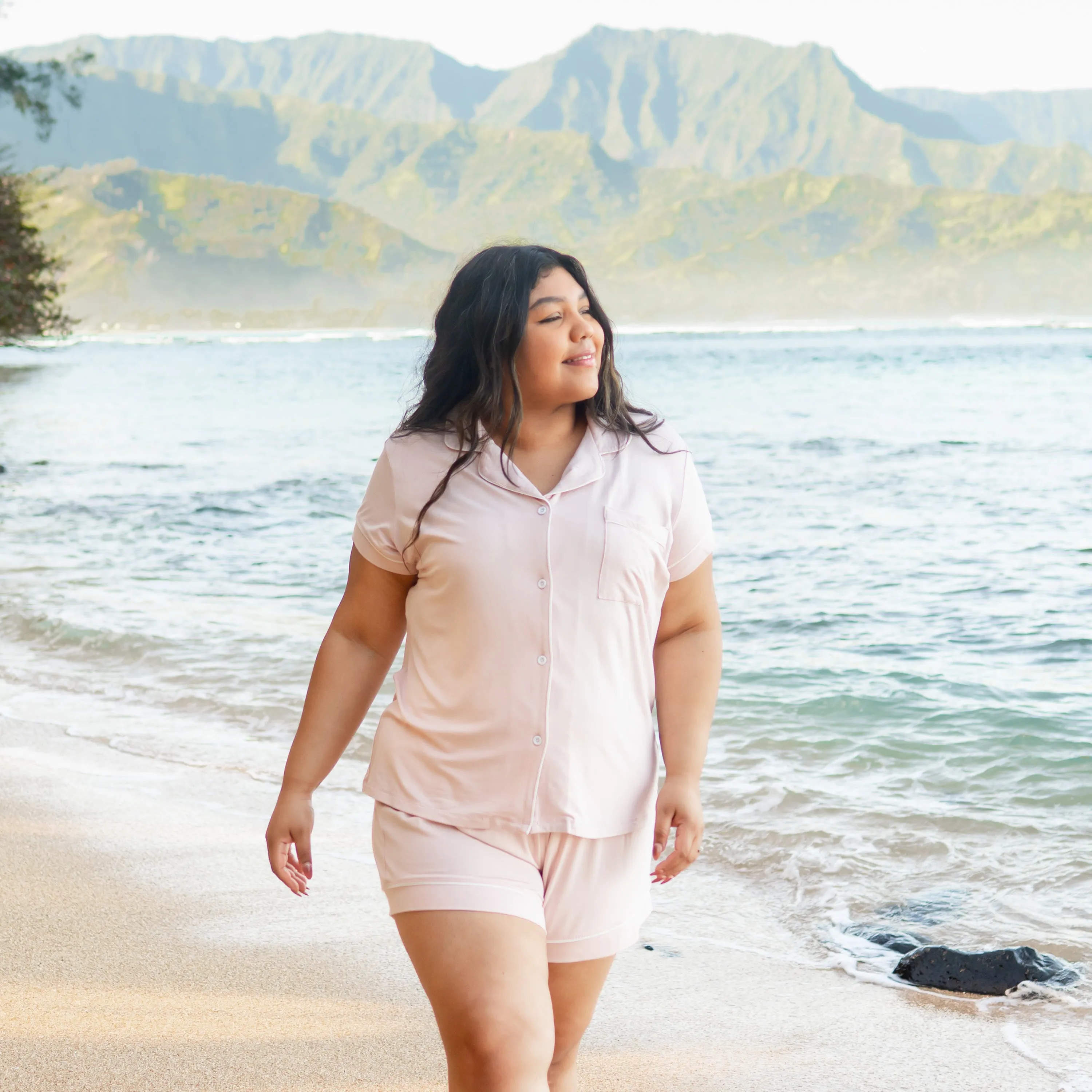 Women’s Short Sleeve Pajama Set in Blush with Cloud Trim