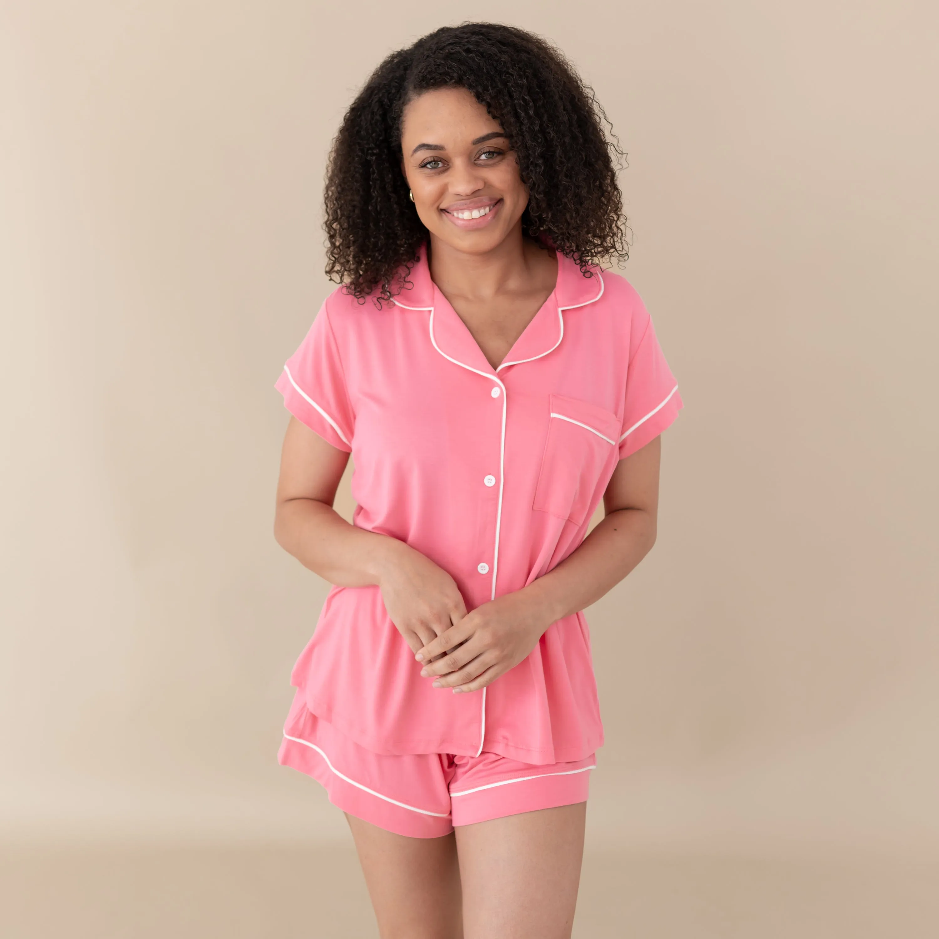 Women’s Short Sleeve Pajama Set in Guava with Cloud Trim