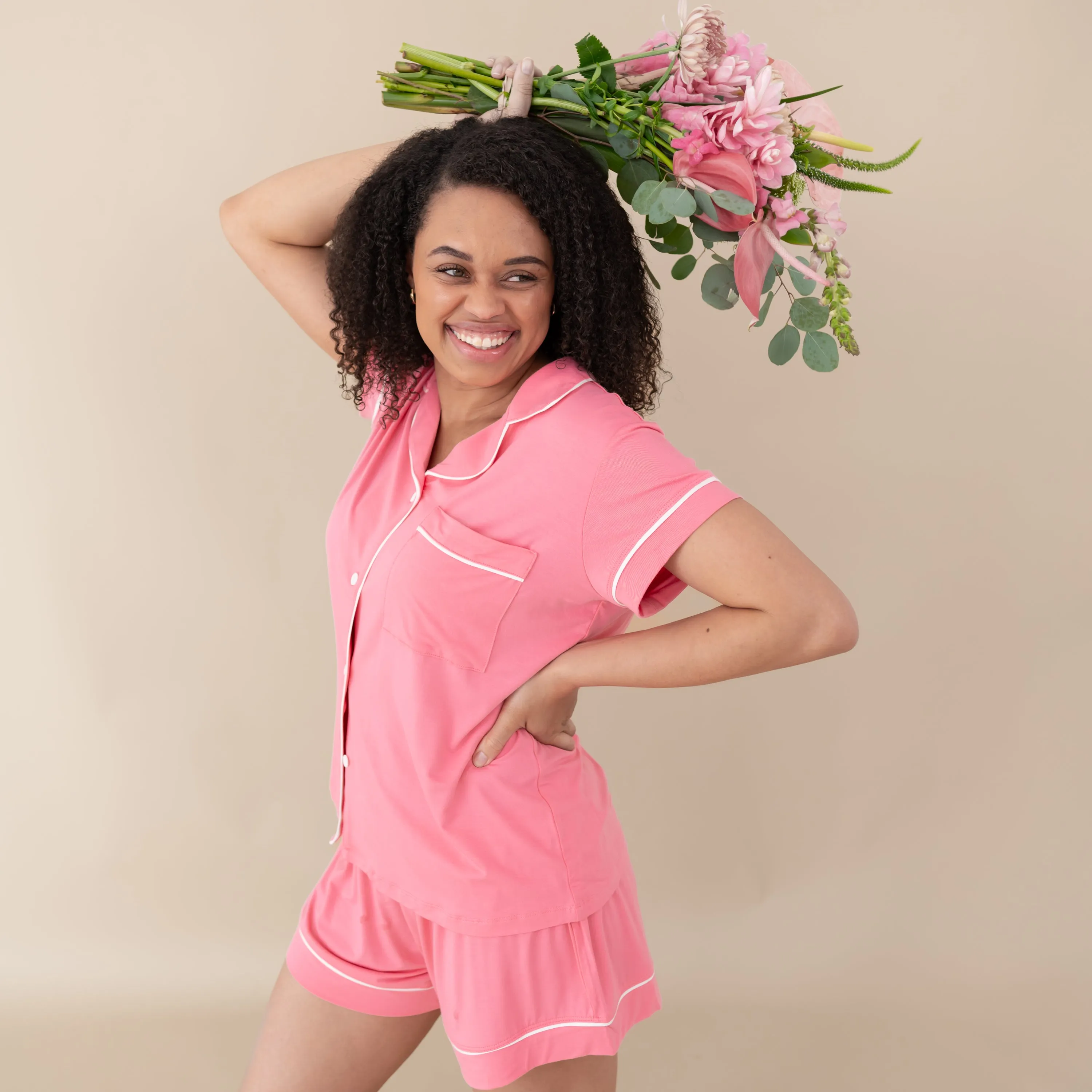 Women’s Short Sleeve Pajama Set in Guava with Cloud Trim